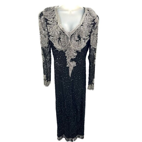 Vintage Fully Beaded Black Silver Evening Gown XL 14 Sequin Long Dress A… - Picture 1 of 16